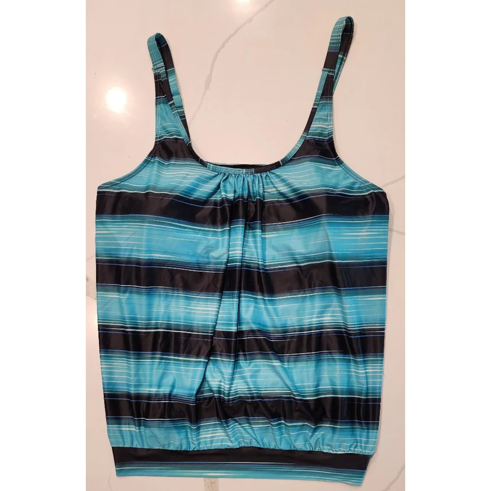 Yonique Women's Teal Blue Ombre Striped Tankini Top Ruched Loose Fit 24W